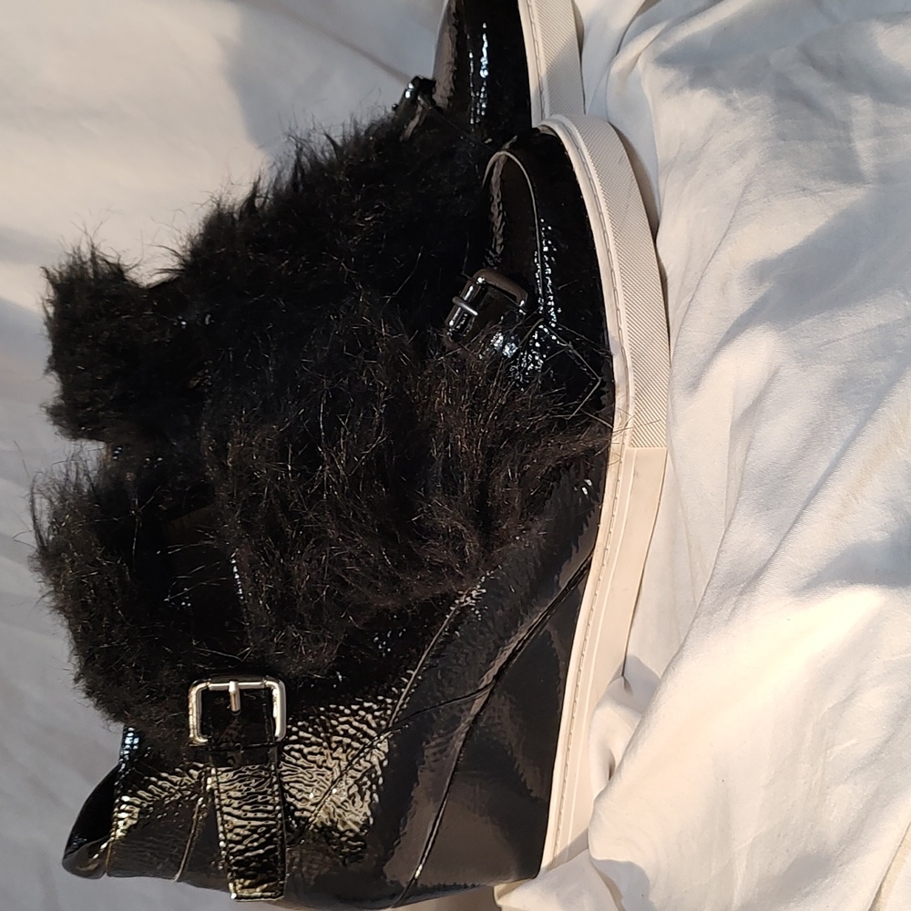 Linea Paolo patent leather and faux fur wedge sneaker
